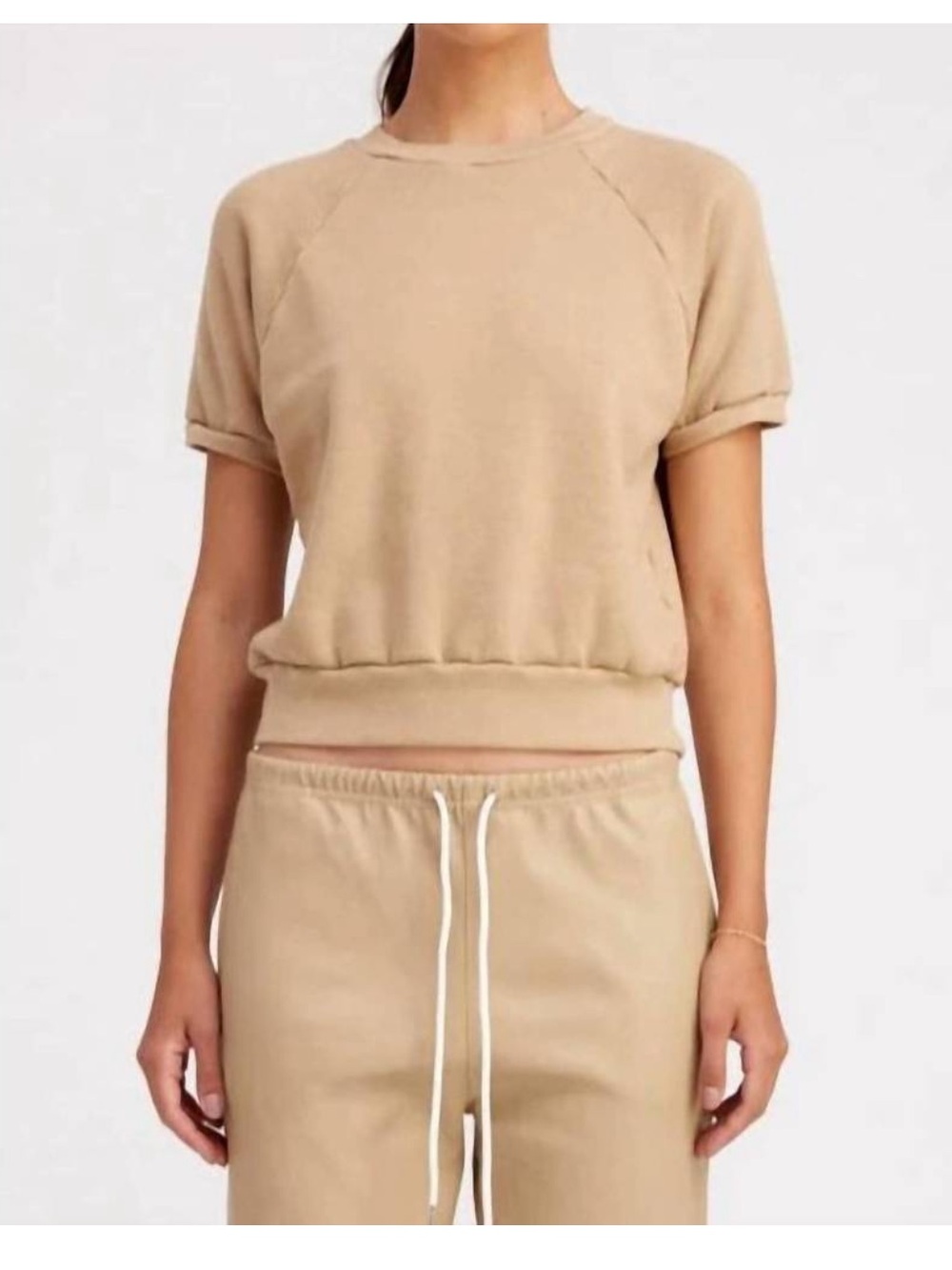 SPRWMN Raglan Tan Cropped Short Sleeve Sweatshirt size Small